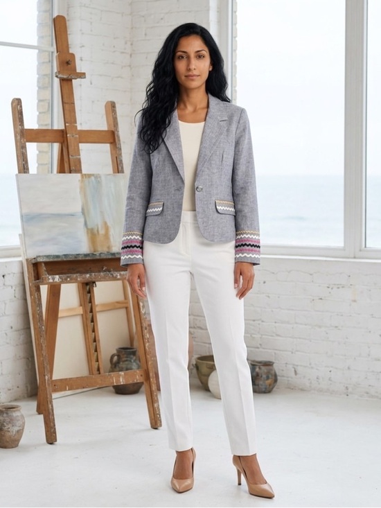 For Cynthia Jackets & Blazers - Vintage Blazer Cynthia cotton linen gray tailored women’s jacket Sz M embroidere